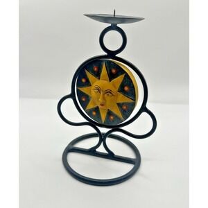 Celestial Sun & Moon Candle Holder – Hand Painted Wood & Metal Folk‎ Art